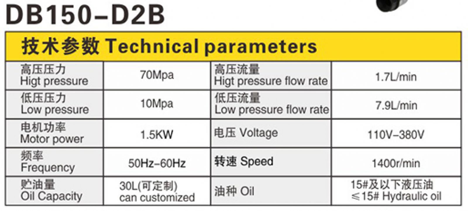 Thông số kỹ thuật Bơm điện thủy lực 2 chiều DB150-D2B