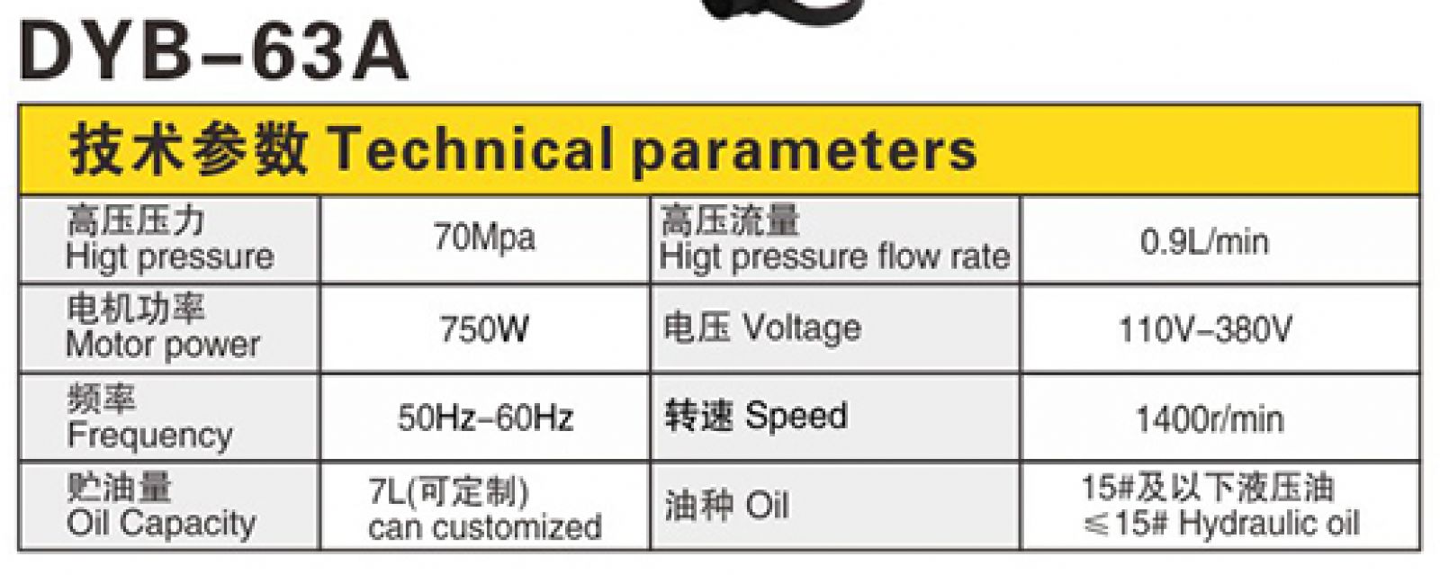 Thông số kỹ thuật Bơm điện thủy lực DYB-63A