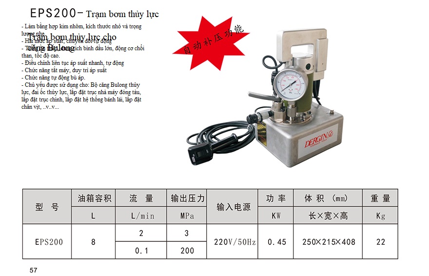 Thông số kỹ thuật Bơm cho Căng Bulong thủy lực 2000 bar DERGIN EPS200